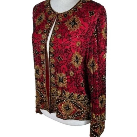 Adrianna Papell Red Beaded Silk Jacket Sz 10 Vintage Evening Statement - Picture 4 of 8